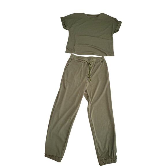 Womens Olive Activewear Set - T-Shirt & Joggers - 100% Polyester - Elastic Large - Picture 6 of 7